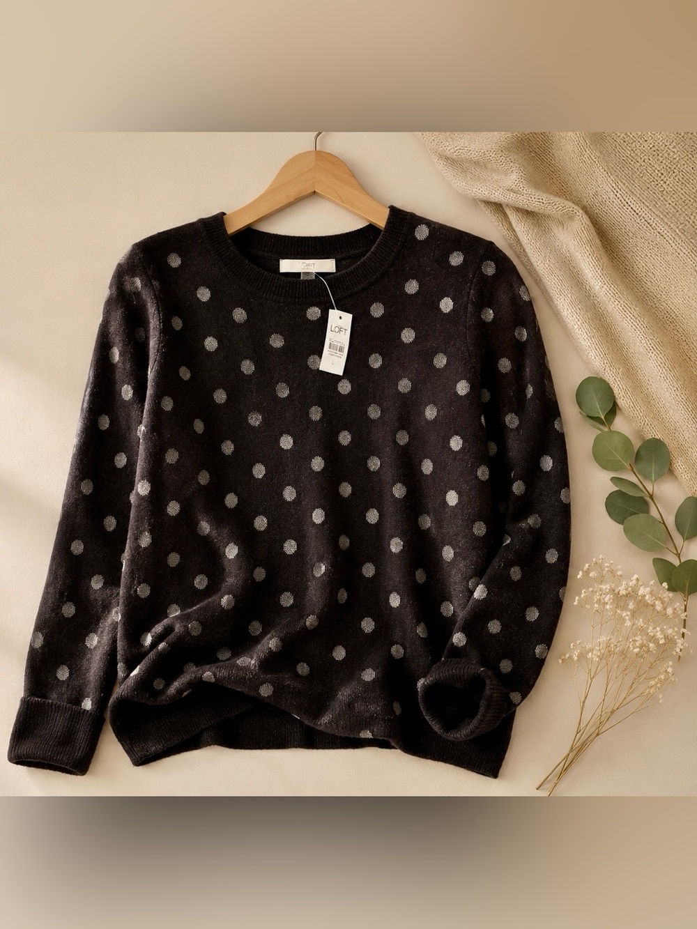 LOFT L Black Sweater with Silver Dot Pattern